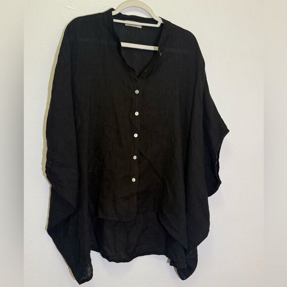 Saga - Oversized Black Linen Shirt Short Dolan Sleeves - One Size fits most - Picture 3 of 7